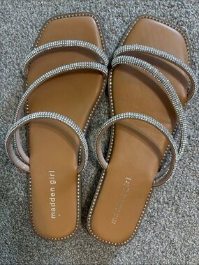 Madden Girl Brown Slide Sandals with Rhinestone Triple Straps